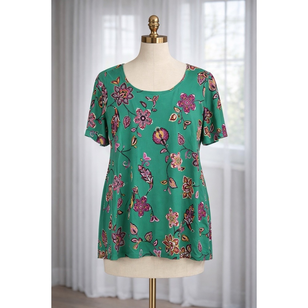SUSAN GRAVER Liquid Knit Green Floral Pullover Top Stretch Vibrant Size XS